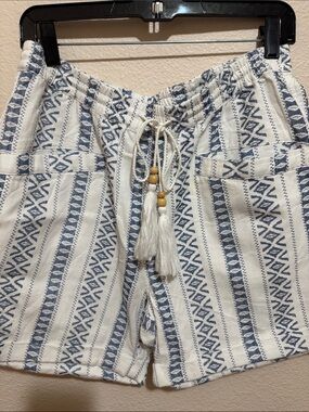Sundance White and Blue Striped Cotton Shorts with Tassel Drawstring